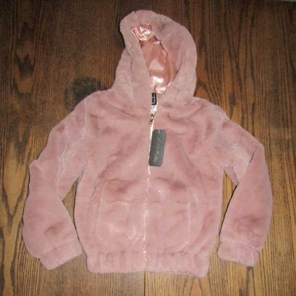 Girls mauve pink plush faux fur hooded winter jacket size 4 - Picture 1 of 3